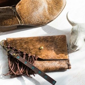 Cowhide Fringe Clutch Wristlet pouch boho leather